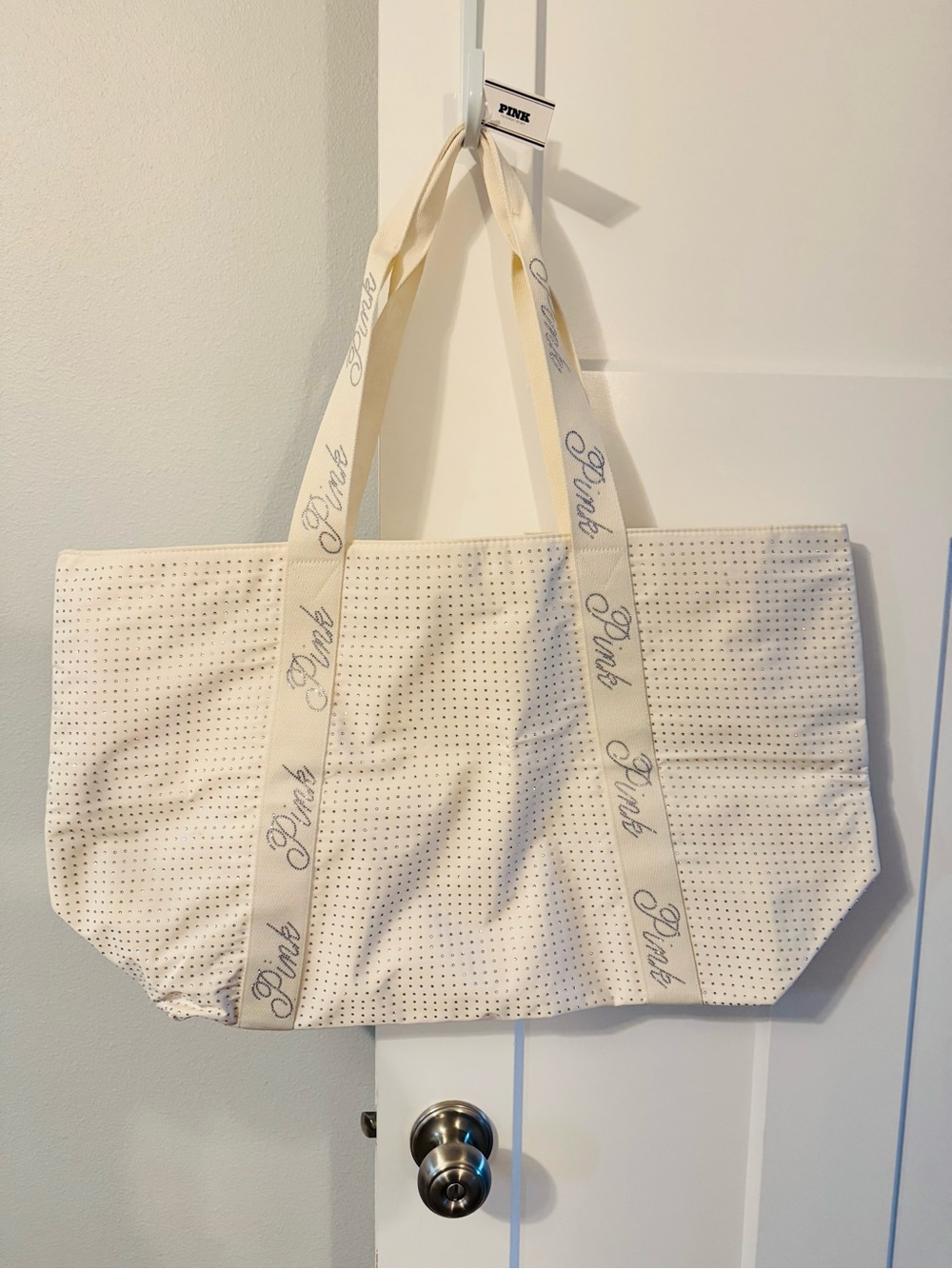 PINK Victoria's Secret Cream Perforated Canvas Tote with Branded Straps